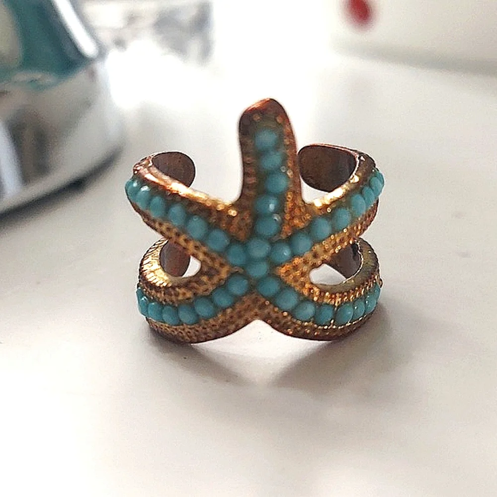 Turquoise Blue Brass Ocean Starfish Open End Ring